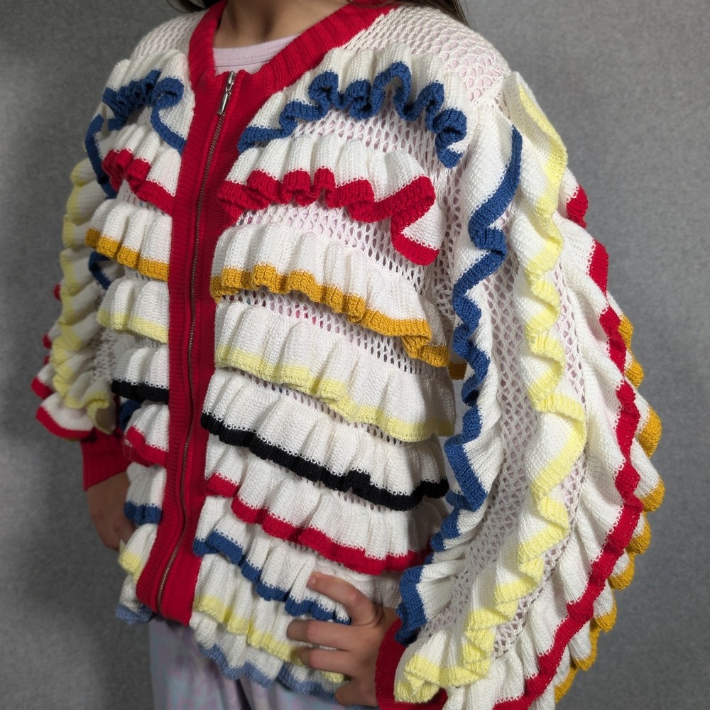 ANDREEVA Crochet Sweater Multi Color Ruffle Open Knit Zip Up Cardigan Medium - Picture 6 of 9